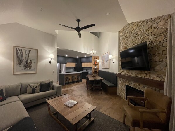 Smart TV, fireplace, books, stereo