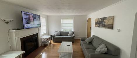 Smart TV, fireplace, books, video library