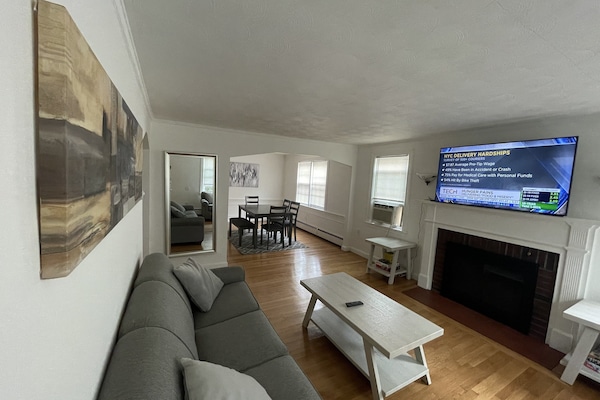 Smart TV, fireplace, books, video library