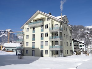 Un hotel de varios pisos con balcones, una chimenea y una montaña nevada al fondo.