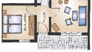 Distribución de un hotel con sala de estar, cocina, baño y dormitorio independiente.