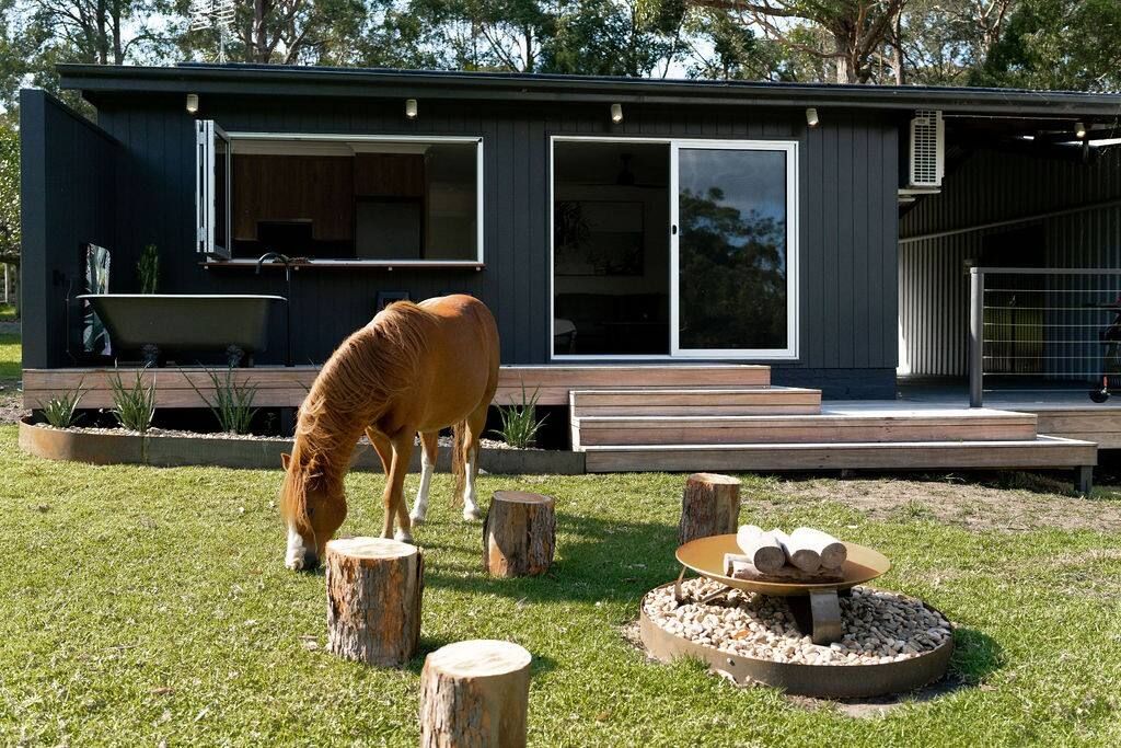 A modern house with a large sliding glass door, a wooden deck, and a fire pit in the yard.