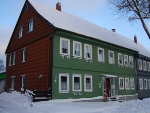 Une maison à deux étages, avec une façade verte et un toit marron, entourée de neige.