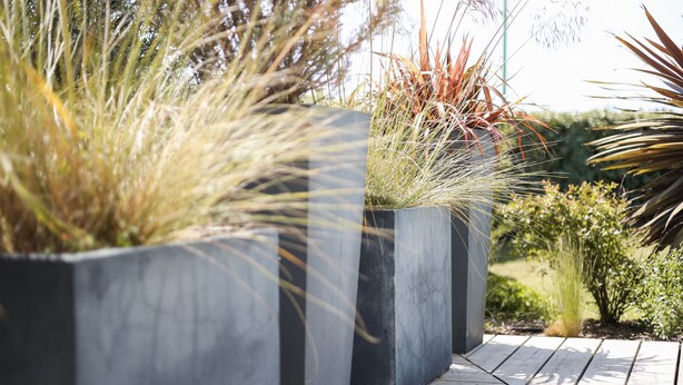 Three large, dark grey planters with various plants on a wooden deck. - Villa Espérance, a stone's throw from Barneville beach, rated 3 ***. (Saint-Jean-de-la-Rivière)