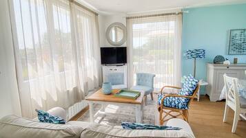 Télévision, lecteur de DVD, table de tennis de table, livres