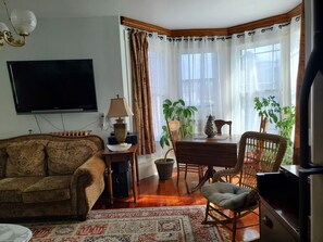 Smart TV, fireplace, DVD player, books