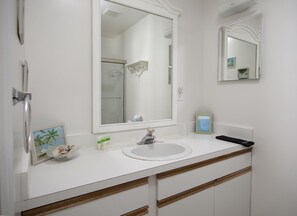 Shower, hair dryer, towels