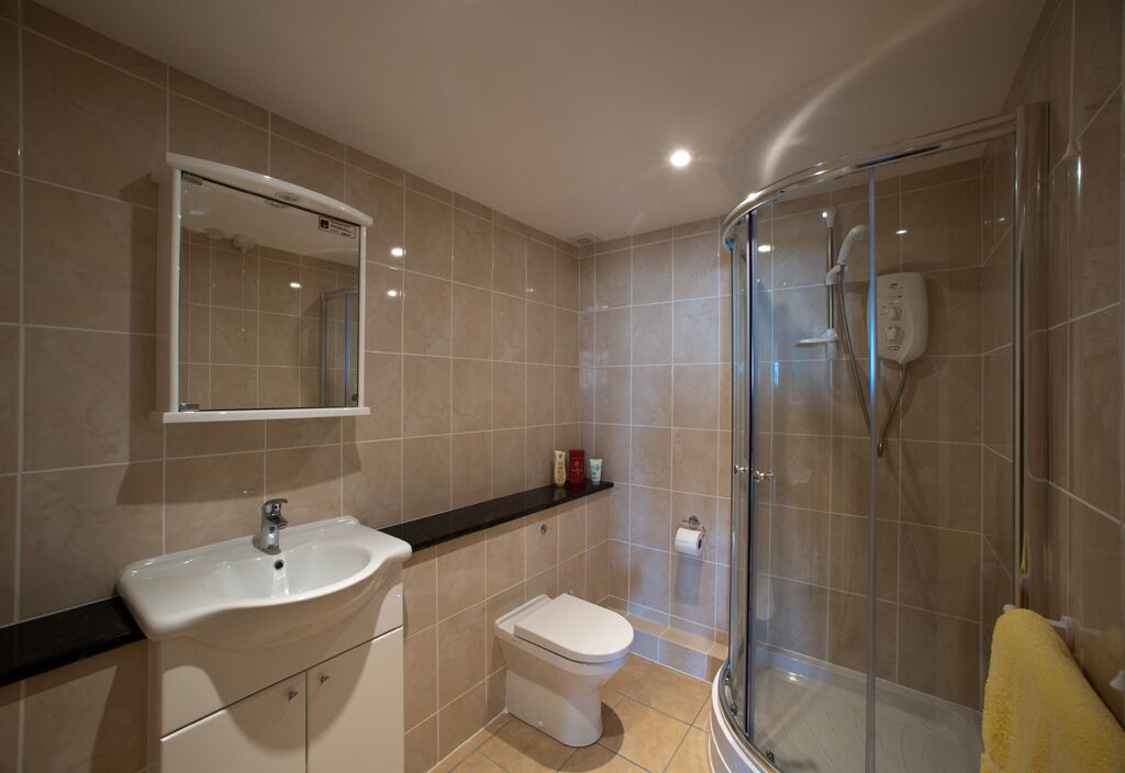Shower, hair dryer, towels, toilet paper
