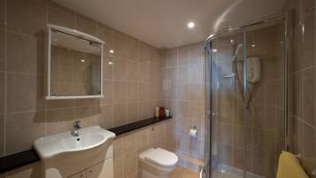 Shower, hair dryer, towels, toilet paper