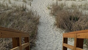 Uma trilha de areia que leva ao oceano, com guarda-corpos de madeira em ambos os lados.