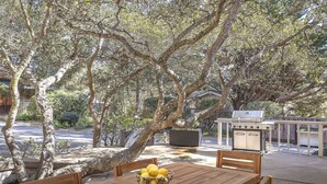 An outdoor dining area with a wooden table and chairs, a bowl of lemons, and a grill in the background. - 3819 Casa Carmela - Private Home in Carmel (Carmel)