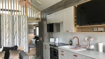 Cabin | Private kitchen | Fridge, microwave, oven, stovetop