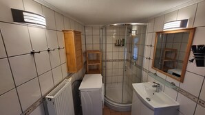 Une salle de bain avec une douche, un lavabo et un miroir.
