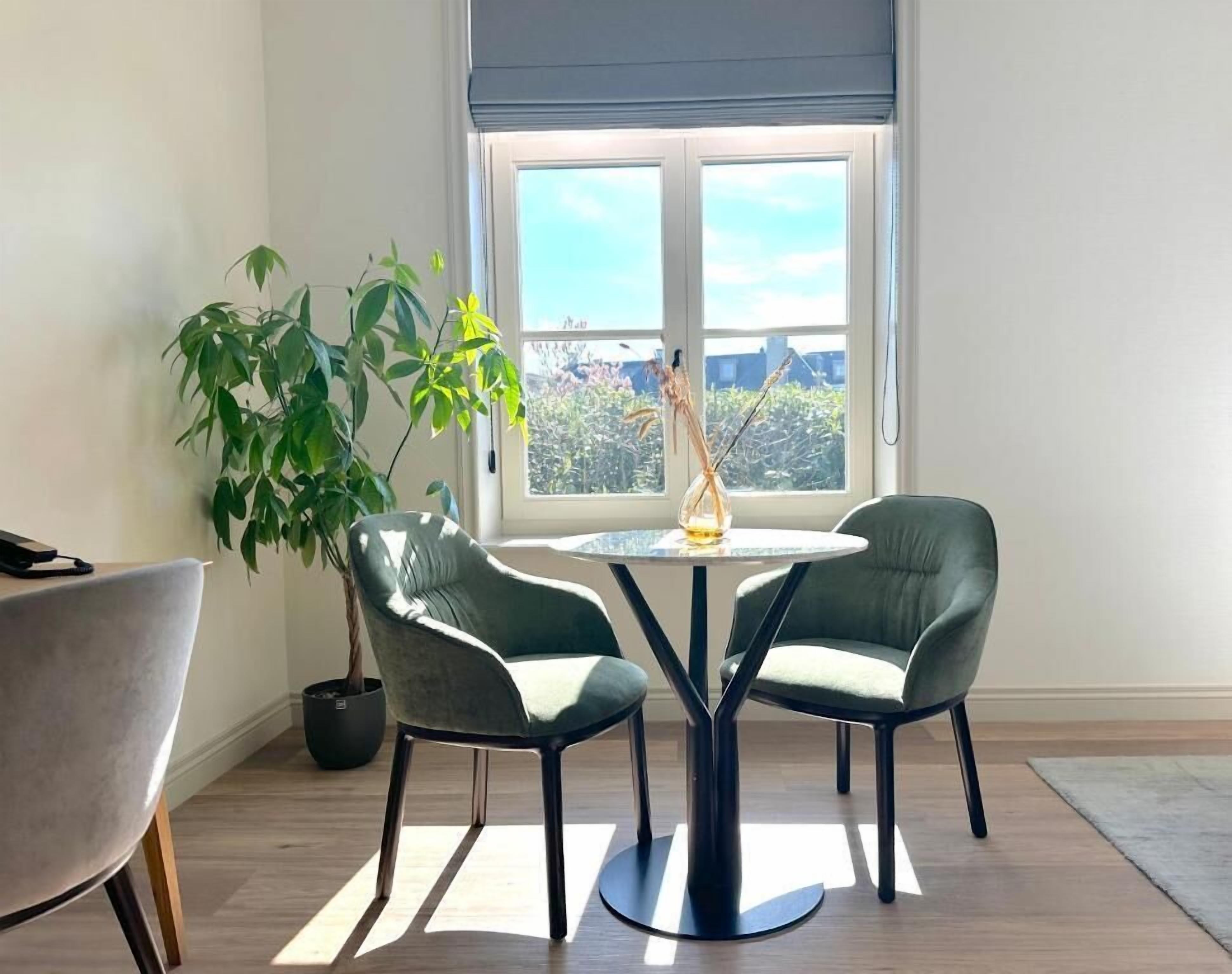 A room with a round table and two chairs, a potted plant, and a window with a view of buildings.