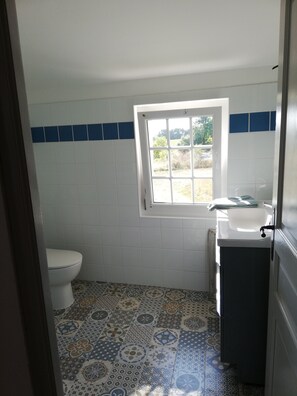 Shower, hair dryer, toilet paper