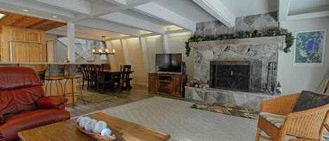 TV, fireplace, DVD player, foosball