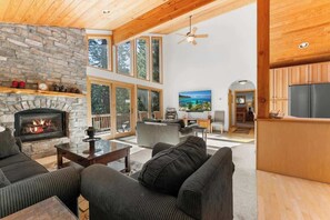 Smart TV, fireplace, DVD player, books