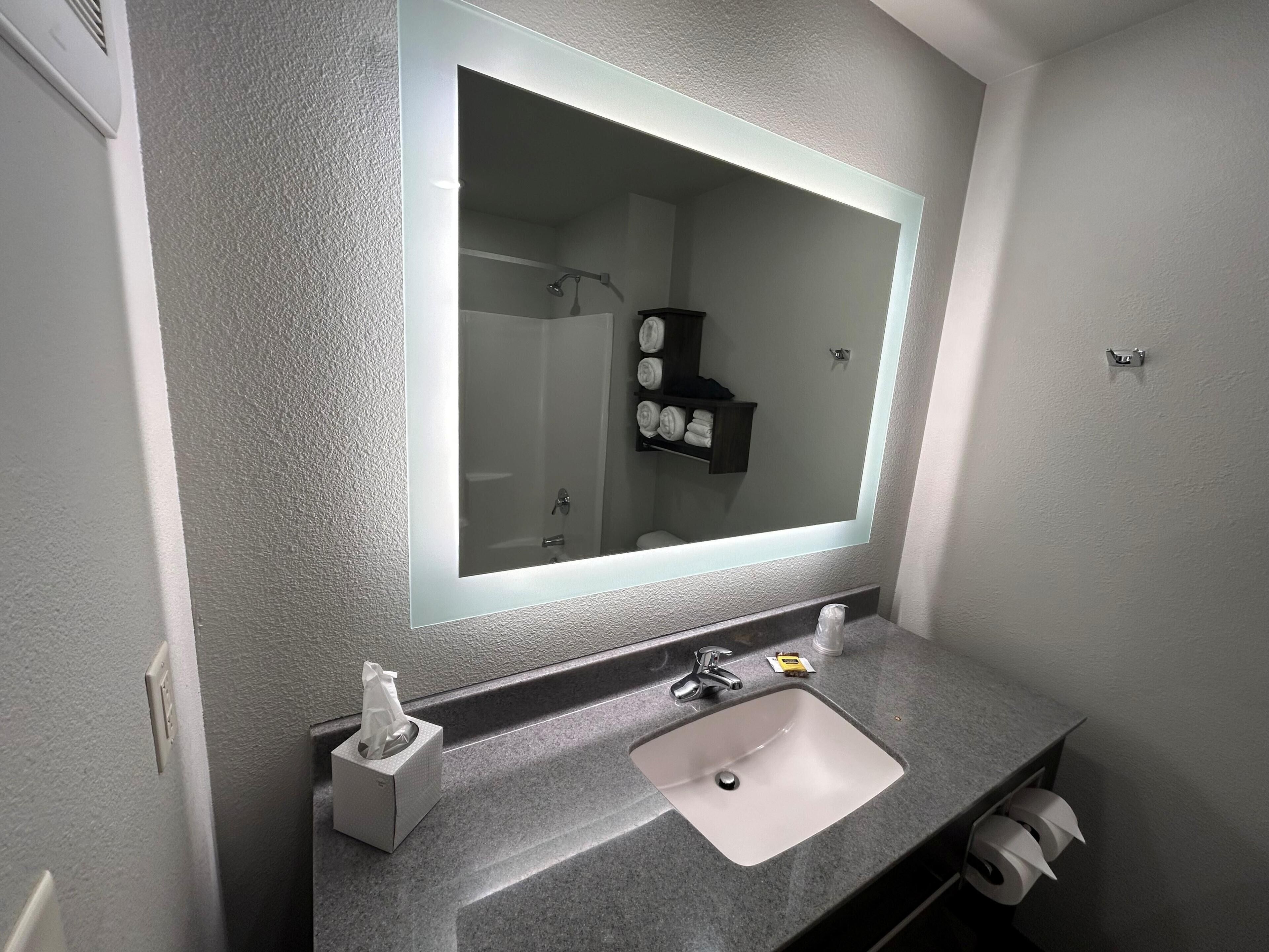 Une salle de bain avec un grand miroir, un lavabo, un porte-serviettes et un support à papier toilette.
