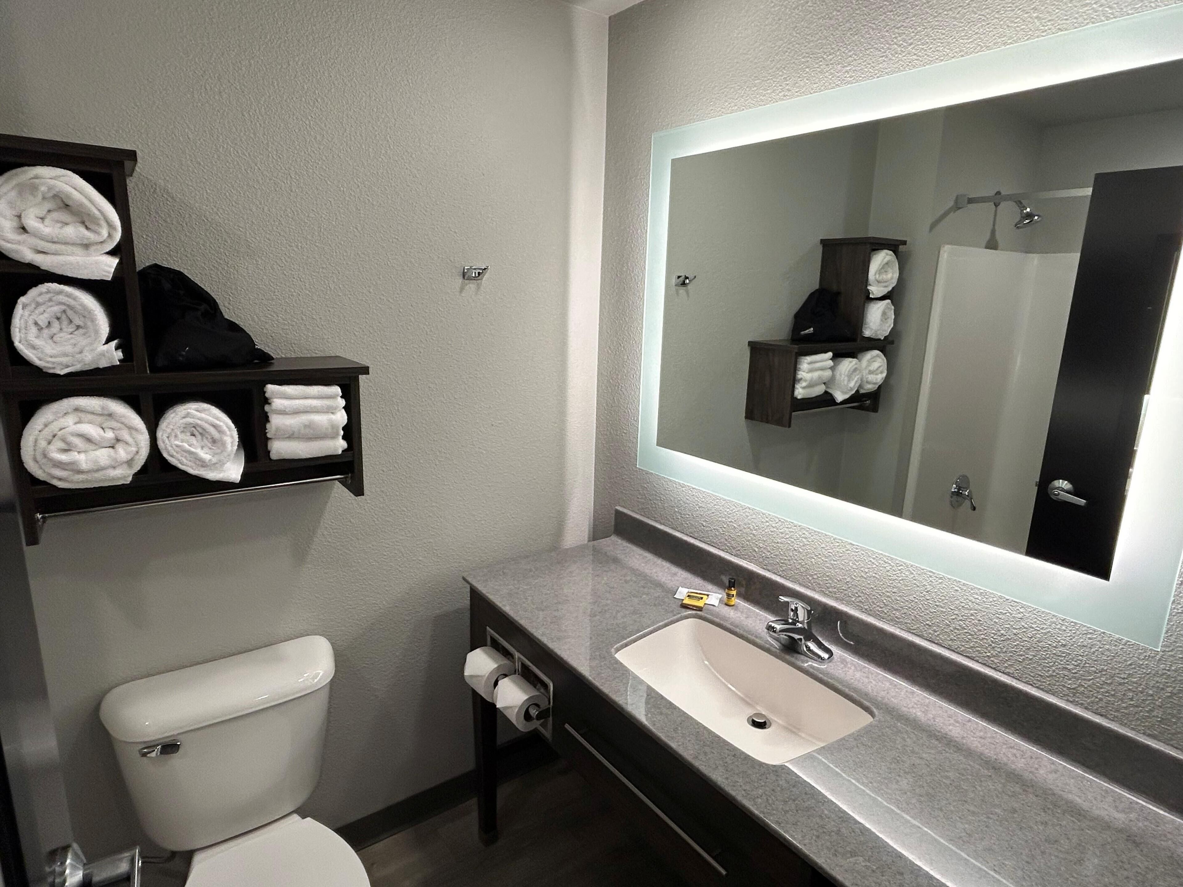 A bathroom with a toilet, a sink, a mirror, and towel storage.