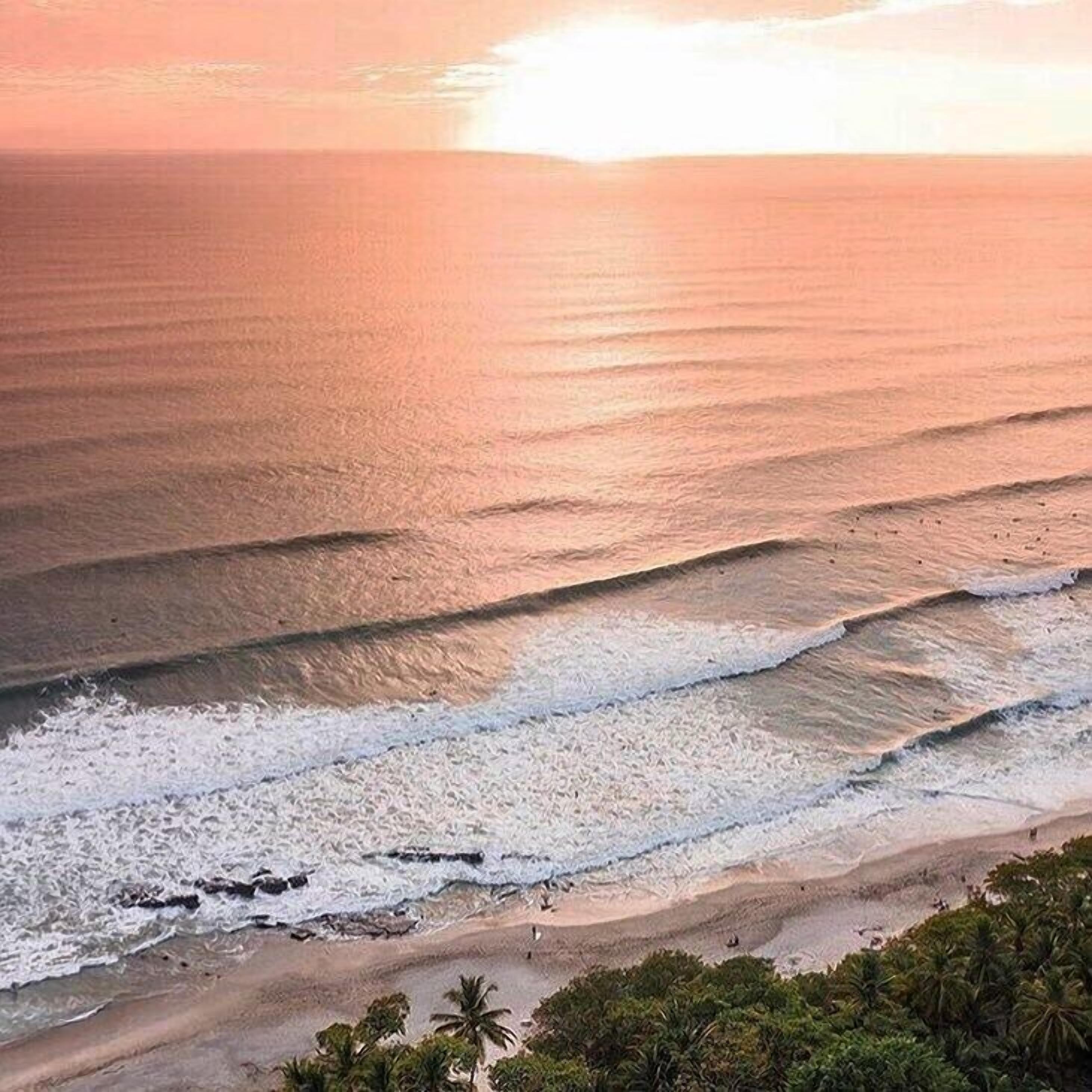 Una playa con olas, una puesta de sol y palmeras.