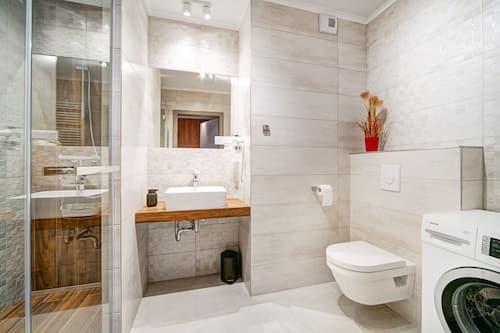 Estudio de diseñador | Baño | Regadera, regadera tipo lluvia, secadora de cabello, jabón
