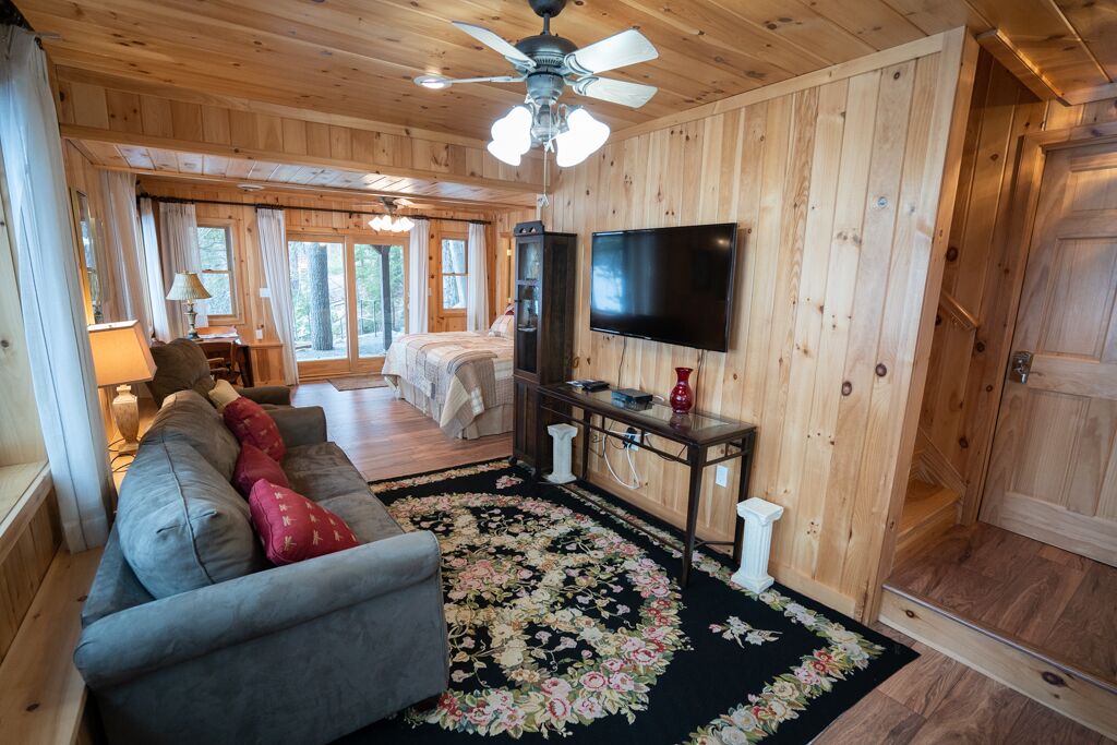 A wooden interior with a sofa, TV, and a dining area.