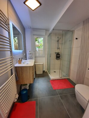 Douche, séchoir à cheveux, savon, papier de toilette