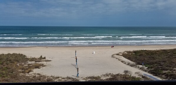 A beach with a clear view of the ocean, a sandy path, and some vegetation.