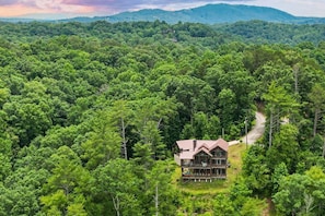 A large, two-story wooden cabin surrounded by dense forest, with a visible deck and a winding path leading to the entrance.