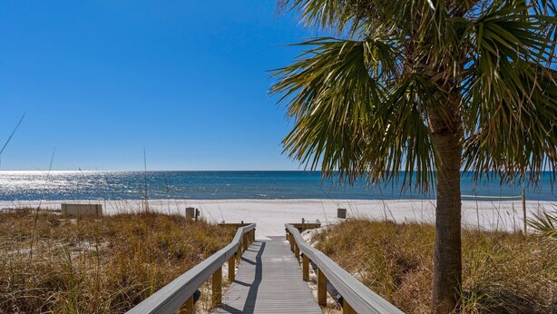 A wooden boardwalk leading to a beach with a palm tree and clear blue sky. - Ground-Floor | Huge Patio | Steps to Pool and Beach | FLPCB9 (Panama City Beach)