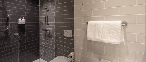 A modern bathroom with a glass-enclosed shower, a toilet, and a sink.