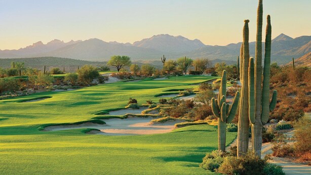 A golf course with a cactus in the foreground, surrounded by desert vegetation and mountains in the background. - Luxury in DT Tempe -2 en-suites - ASU, Spring Training, Golf & More (Tempe)