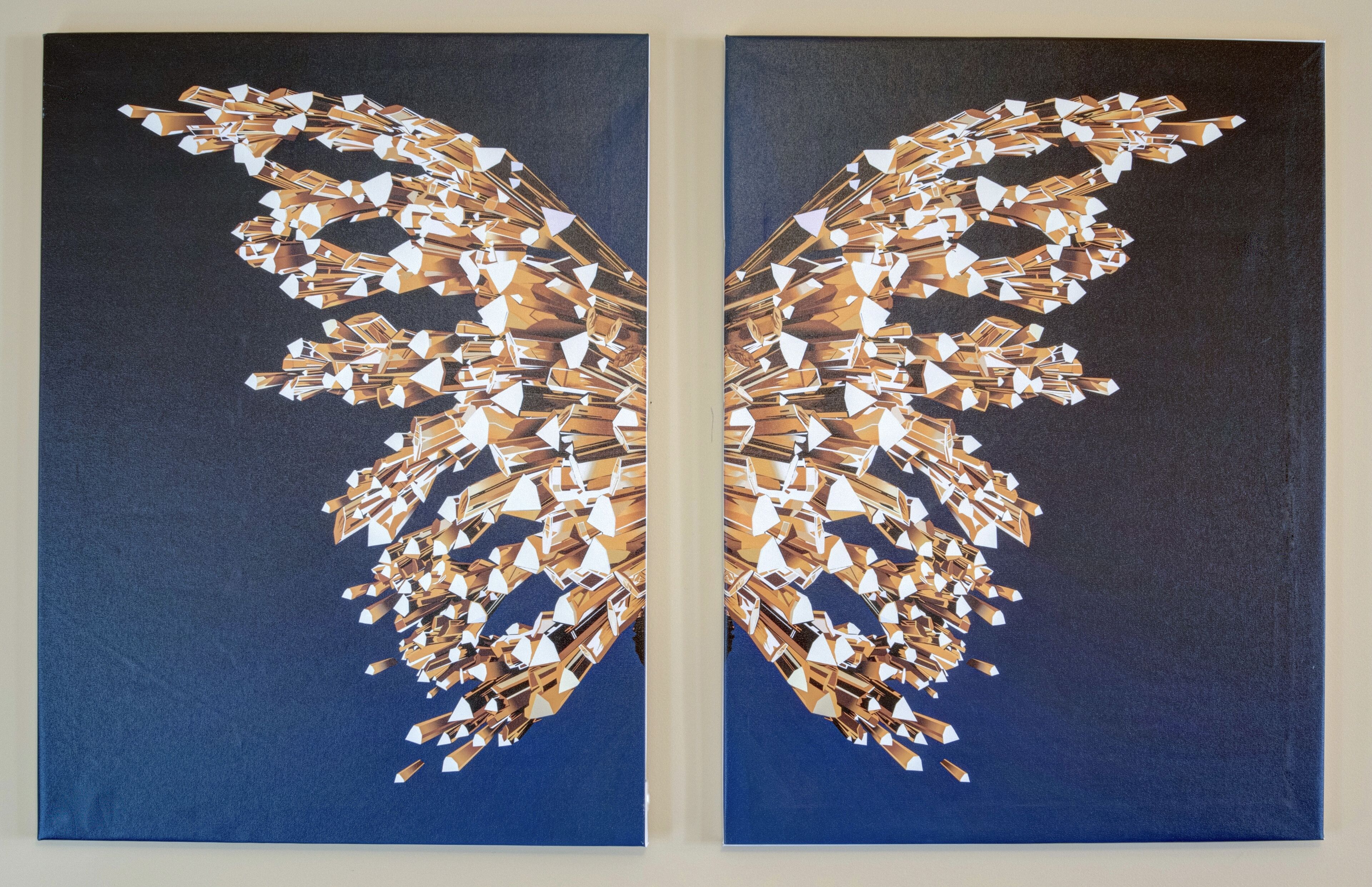 A pair of abstract art pieces with geometric patterns on a dark background.