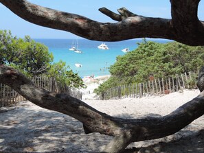 Una platja amb vaixells a l'aigua, sorra daurada i una tanca de fusta.