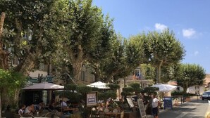 Ein Straßencafé mit Tischen und Stühlen, umgeben von Bäumen und Gebäuden.