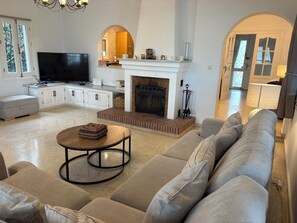 Smart TV, chimenea, libros, estéreo