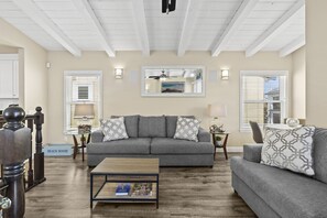 Smart TV, fireplace, books