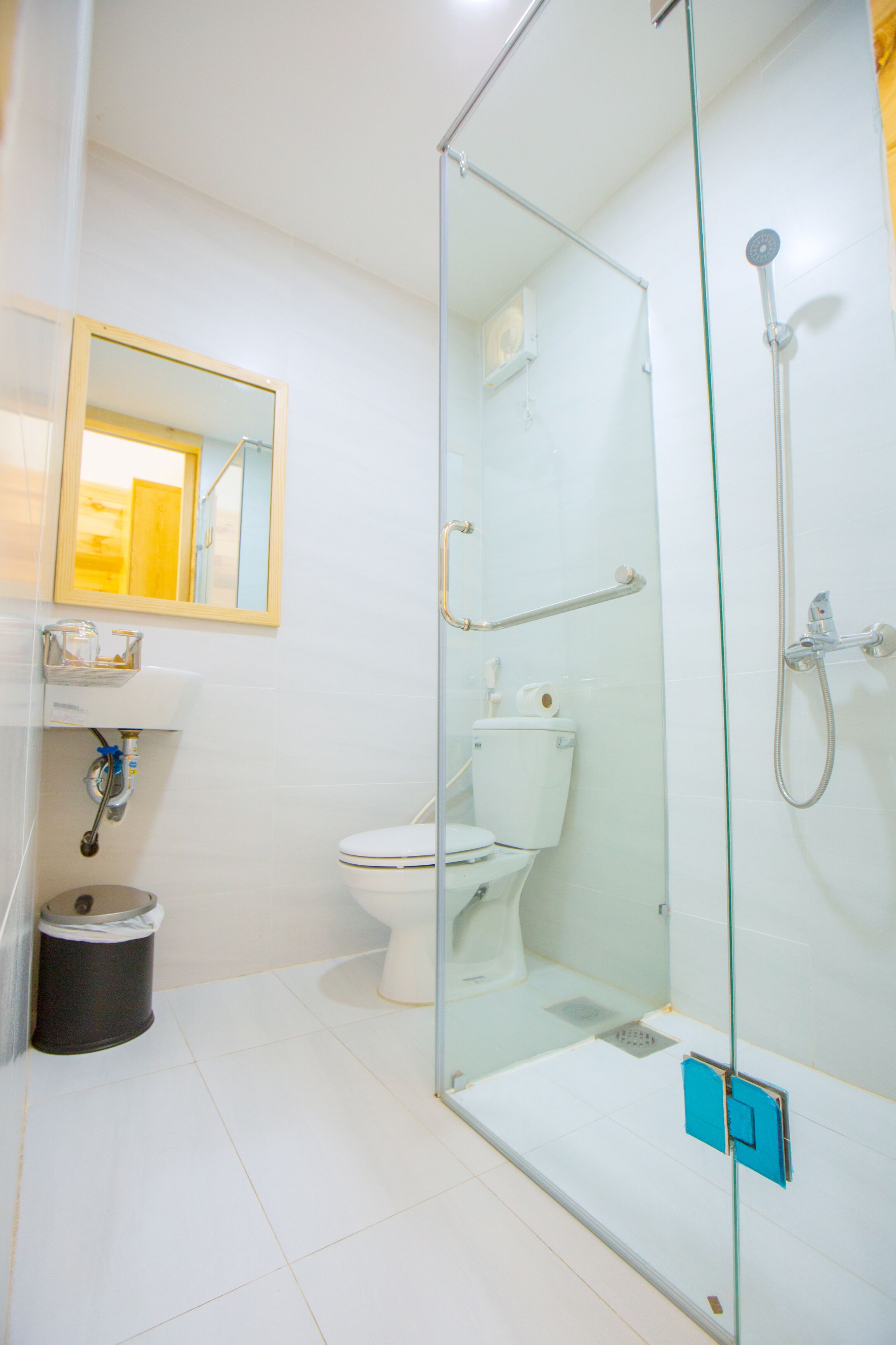 A modern bathroom with a glass-enclosed shower, a toilet, and a sink with a mirror above it.