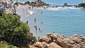 A rocky beach with clear blue water, people swimming and walking along the shore, and a lifeguard tower in the background.