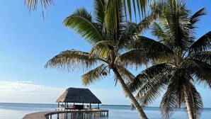 A wooden pier leading to a thatched-roof structure on a sandy beach with palm trees. - BLUE DIAMOND TRANQUILITY RESORT-Private Luxury Villa - 8 King Rooms-ON THE BEACH (Stann Creek District)