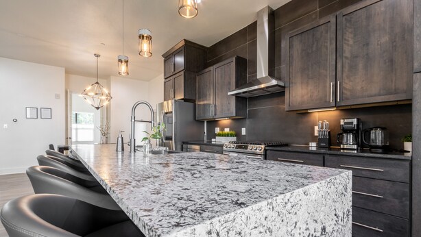 A modern kitchen with a large island, dark cabinetry, stainless steel appliances, and pendant lighting. - Brand new Bishop Arts Condo-Right in the middle of it all! Three bathrooms! (Dallas)