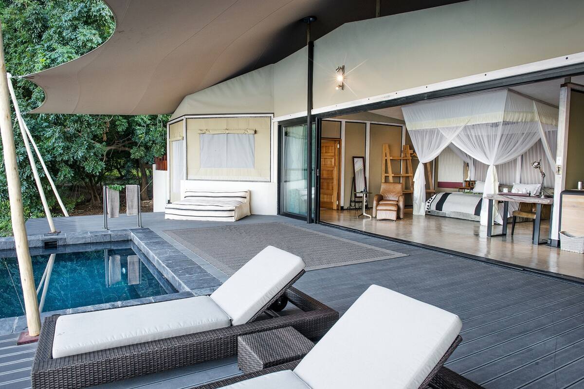A modern outdoor pool area with lounge chairs and a covered seating area.