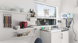 Une cuisine compacte équipée d’un four à micro-ondes, d’une bouilloire et d’un évier. On y trouve des étagères avec de la vaisselle et une plante suspendue.
