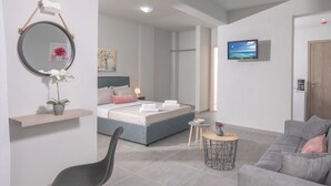 A modern hotel room with a bed, a sofa, a TV, a small table, a chair, and a mirror.
