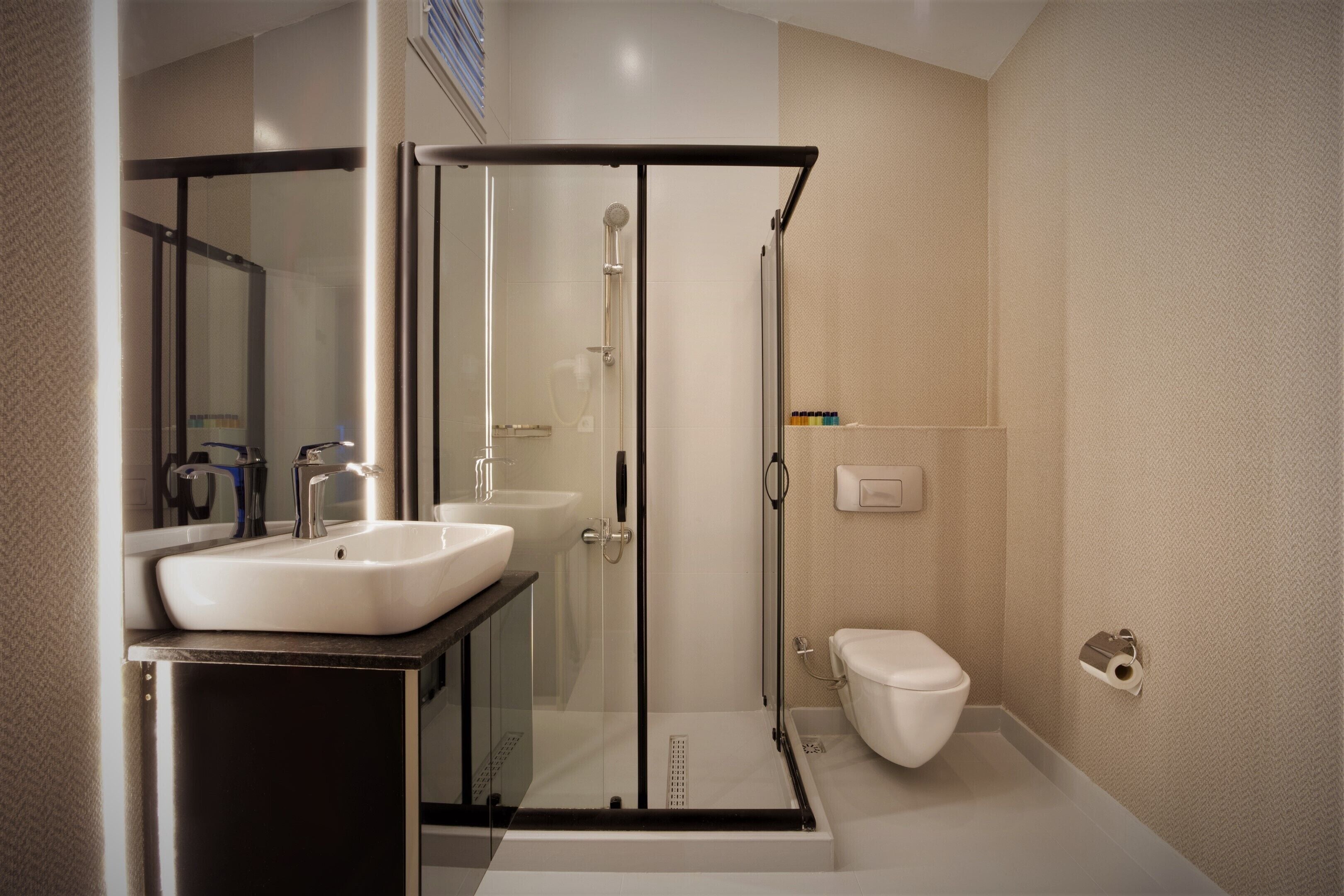 Un baño moderno con ducha envuelta en vidrio, un lavamanos blanco y un inodoro.
