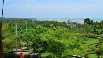 A lush green landscape with a view of the beach and ocean.