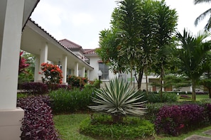 A covered outdoor area with a tiled roof, surrounded by various plants and flowers. - Asoka Resort Banten (Panimbang)