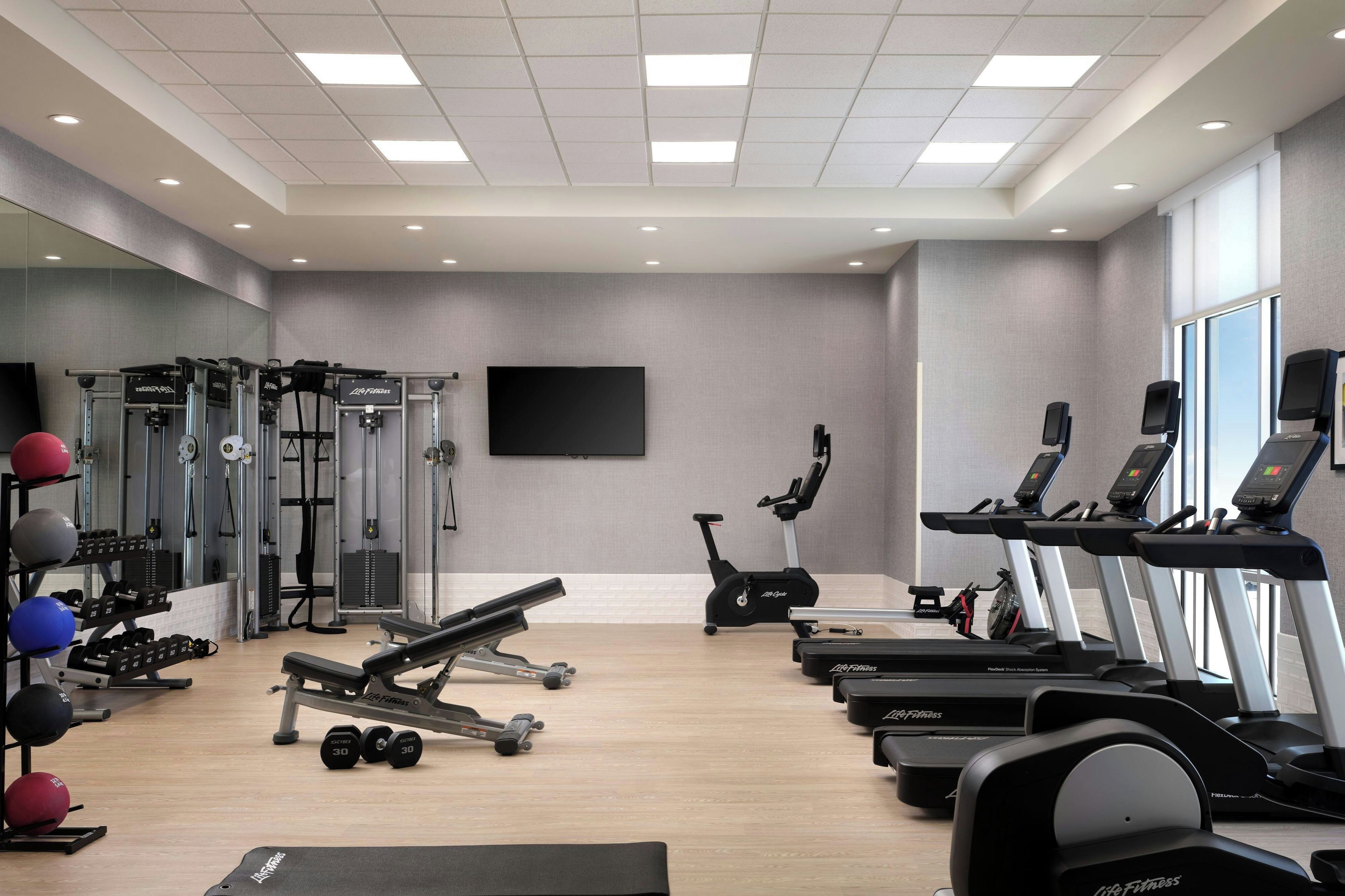 A gym with various exercise equipment, including treadmills, a stationary bike, and weightlifting machines.