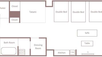 A floor plan with a toilet, two closets, a tatami room, three double beds, a sofa, a table, a dressing room, a bath room with a washing machine, a kitchen with a fridge, and a TV.
