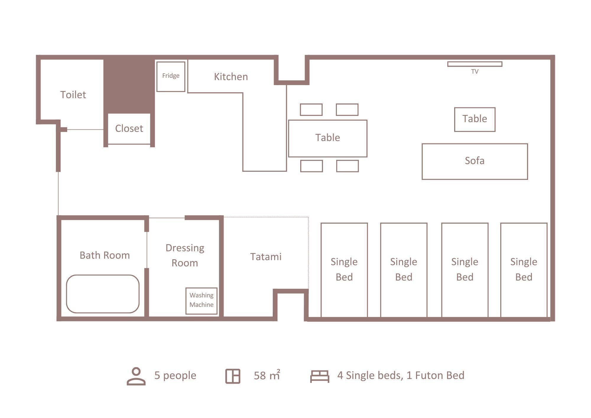Distribución de un apartamento de 58 m² con cocina, comedor, televisor, sofá y cinco camas individuales.
